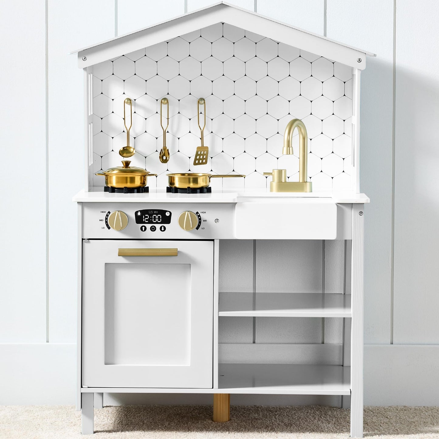 Best Choice Products Pretend Play Wooden Farmhouse Kitchen Set for Kids w/Toy Storage Clicking Knobs Windows 5 Accessories Included - Beveled White