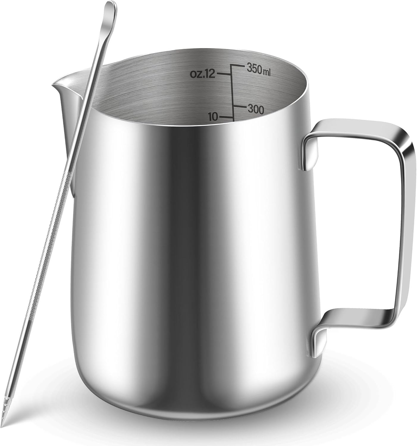 Jarra de Leche de 350 ml/12 oz de Acero Inoxidable, Jarra Leche Barista Calentador de Leche Jarra Espumadora de Leche Con Marca de Medición Bolígrafo Arte con Leche Ara Capuchino