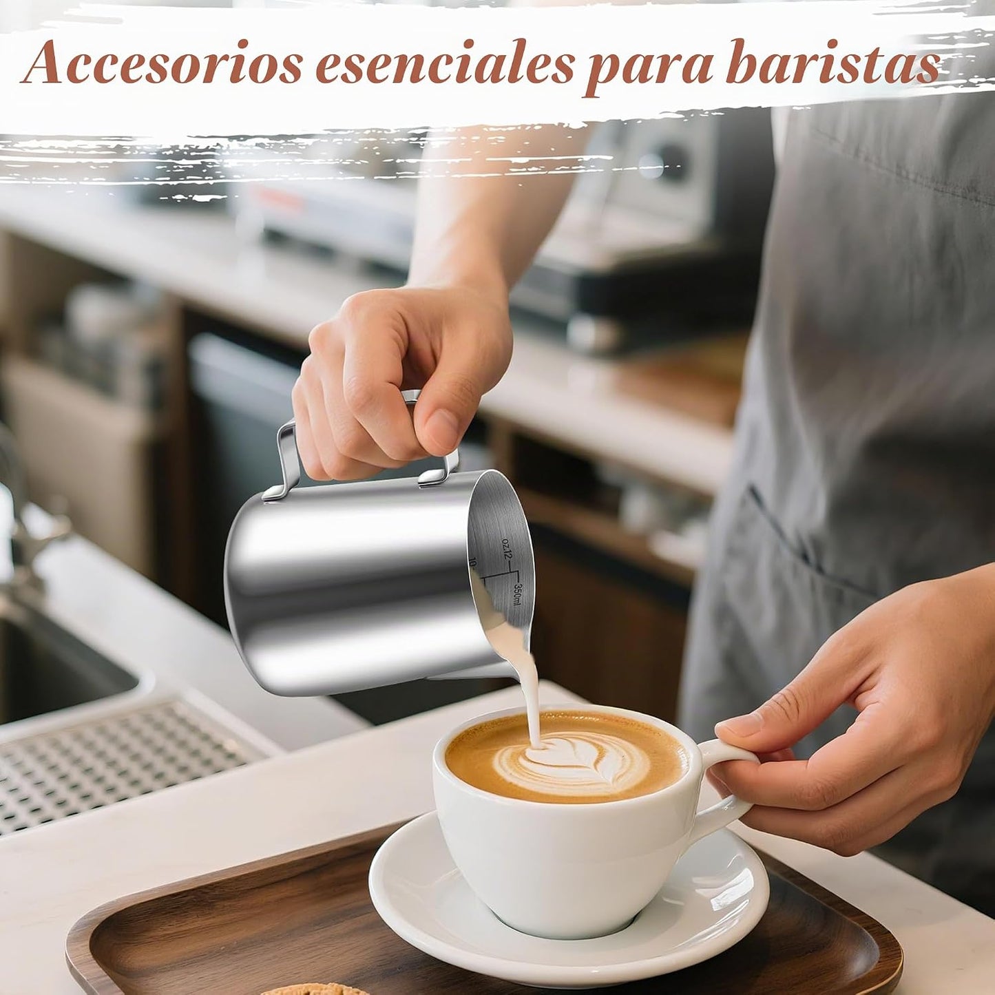 Jarra de Leche de 350 ml/12 oz de Acero Inoxidable, Jarra Leche Barista Calentador de Leche Jarra Espumadora de Leche Con Marca de Medición Bolígrafo Arte con Leche Ara Capuchino
