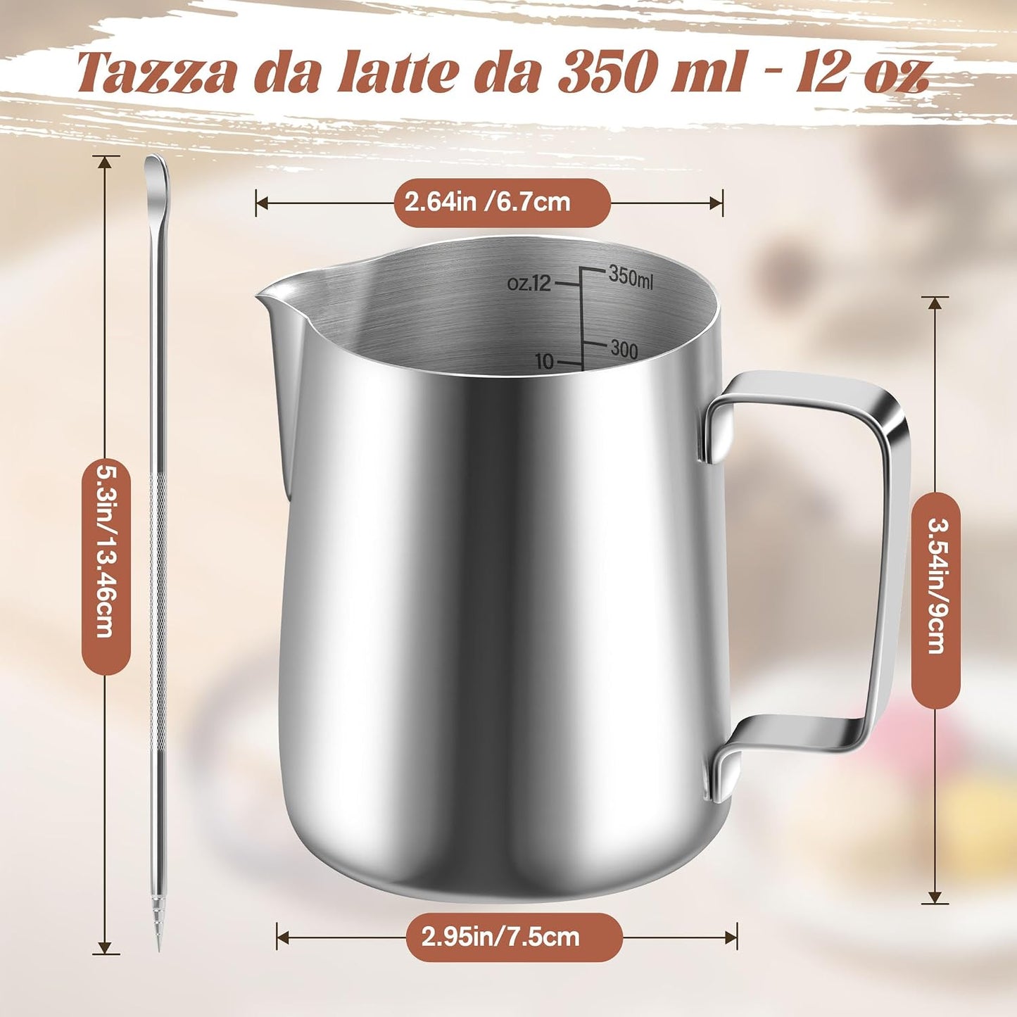 Jarra de Leche de 350 ml/12 oz de Acero Inoxidable, Jarra Leche Barista Calentador de Leche Jarra Espumadora de Leche Con Marca de Medición Bolígrafo Arte con Leche Ara Capuchino