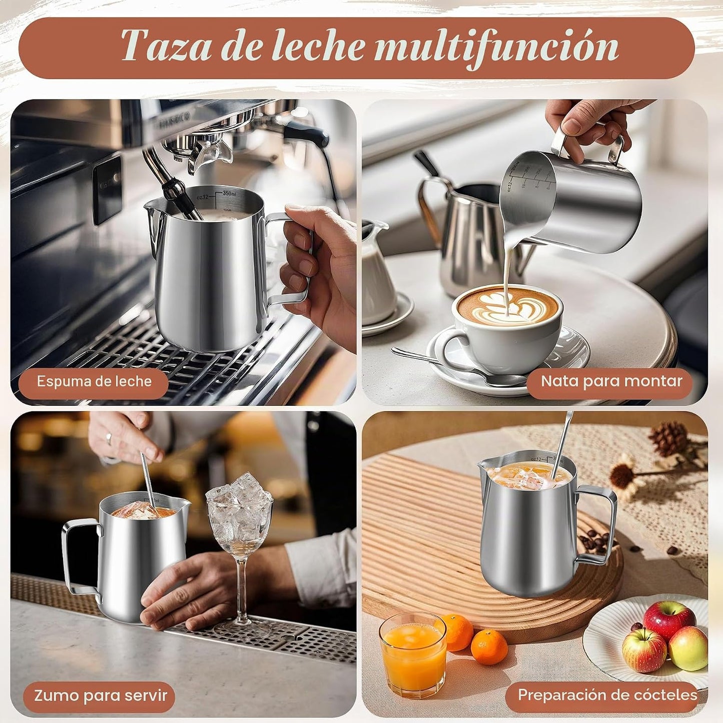 Jarra de Leche de 350 ml/12 oz de Acero Inoxidable, Jarra Leche Barista Calentador de Leche Jarra Espumadora de Leche Con Marca de Medición Bolígrafo Arte con Leche Ara Capuchino