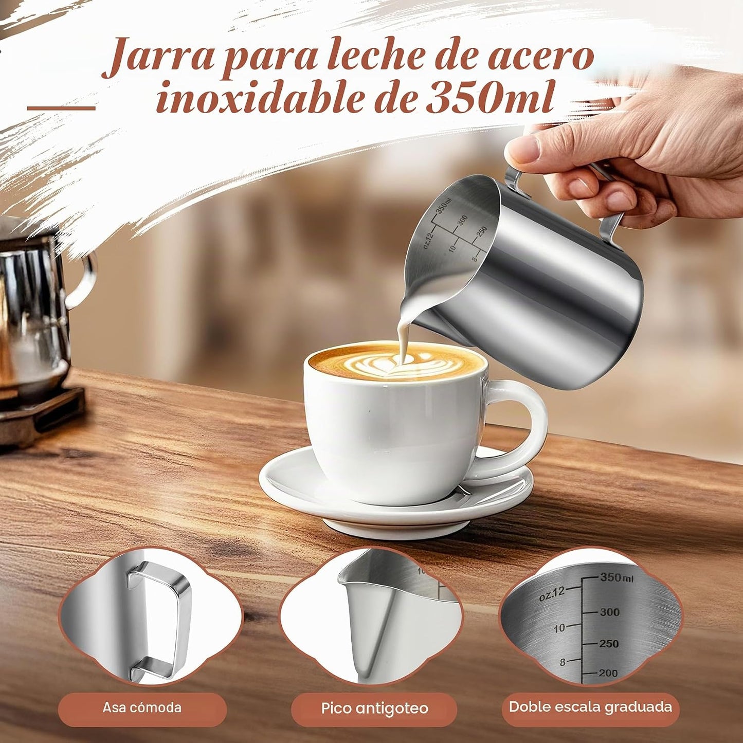 Jarra de Leche de 350 ml/12 oz de Acero Inoxidable, Jarra Leche Barista Calentador de Leche Jarra Espumadora de Leche Con Marca de Medición Bolígrafo Arte con Leche Ara Capuchino