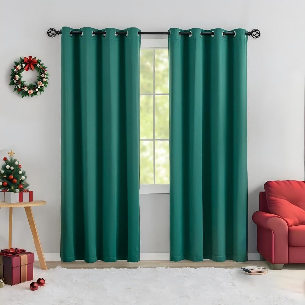 MANGATA CASA Green Blackout Curtains 2 Panels for Bedroom-Window Grommets Curtain Panel for Living Room-Darkening Thermal Drapes (Xmas Green 52x96inch)